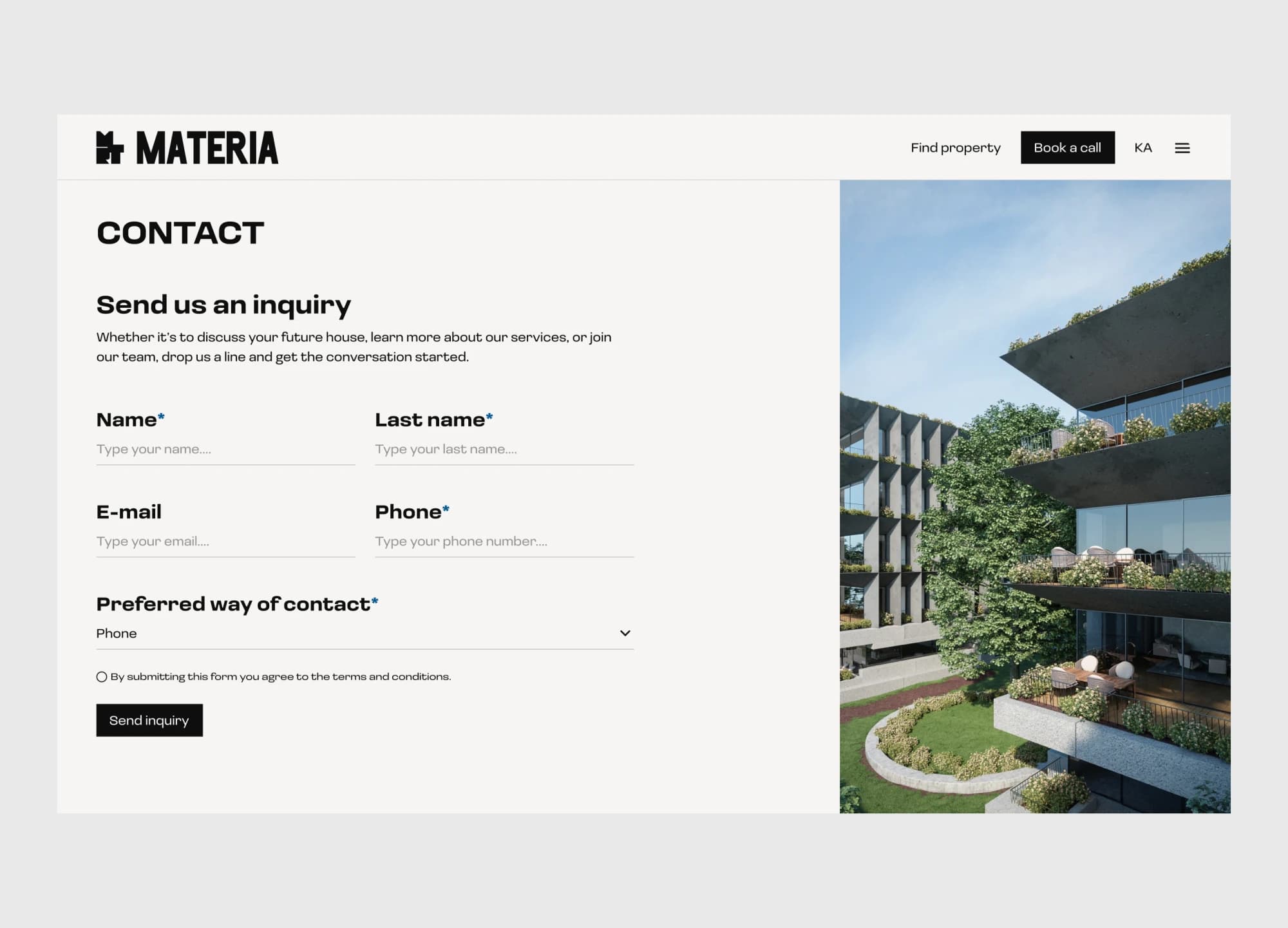 Materia contact page with the Send us an inquiry form