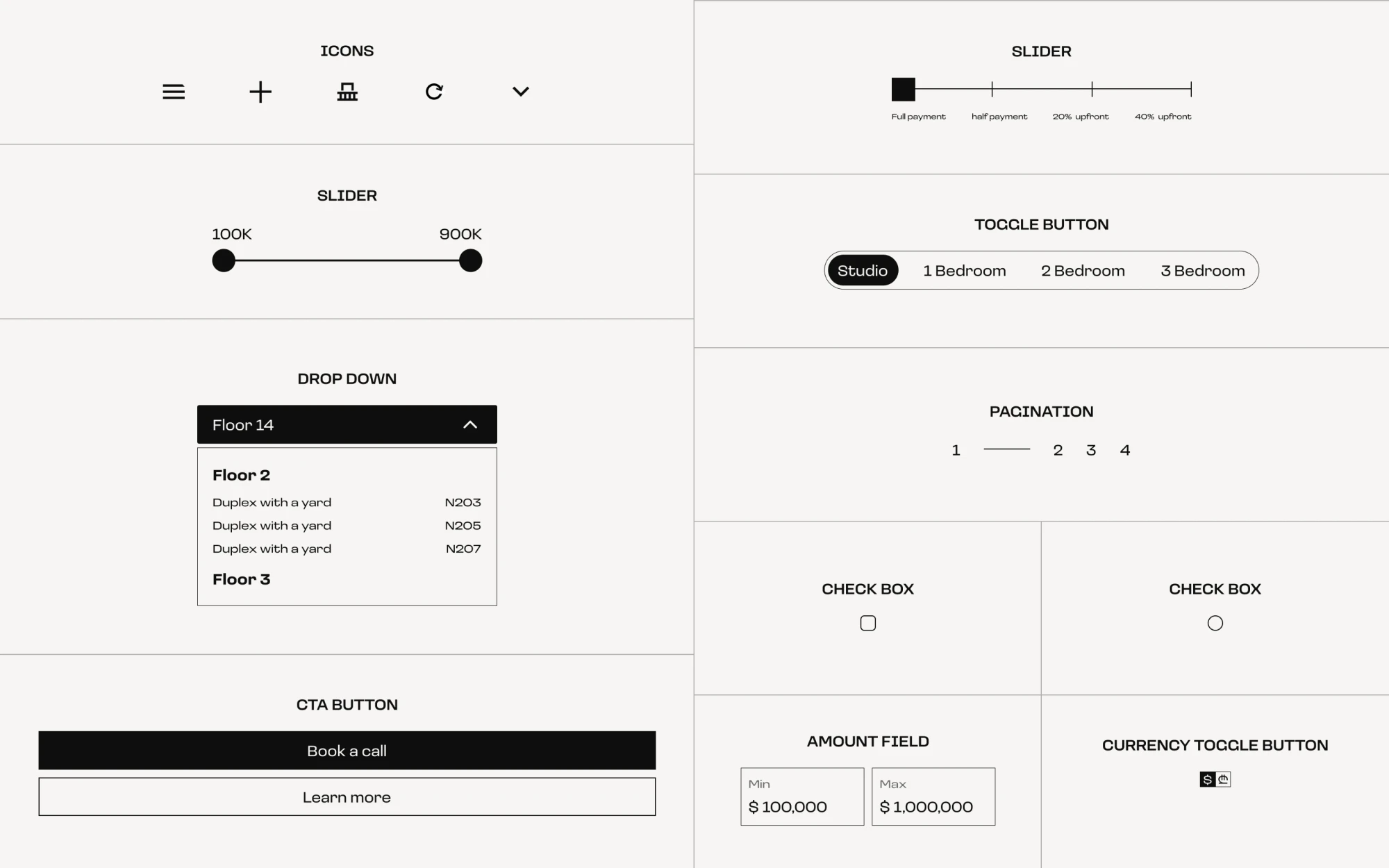 Materia component library — icons, range sliders, floor dropdown, CTA buttons, apartment-type toggle, pagination, checkboxes, amount fields and a currency toggle