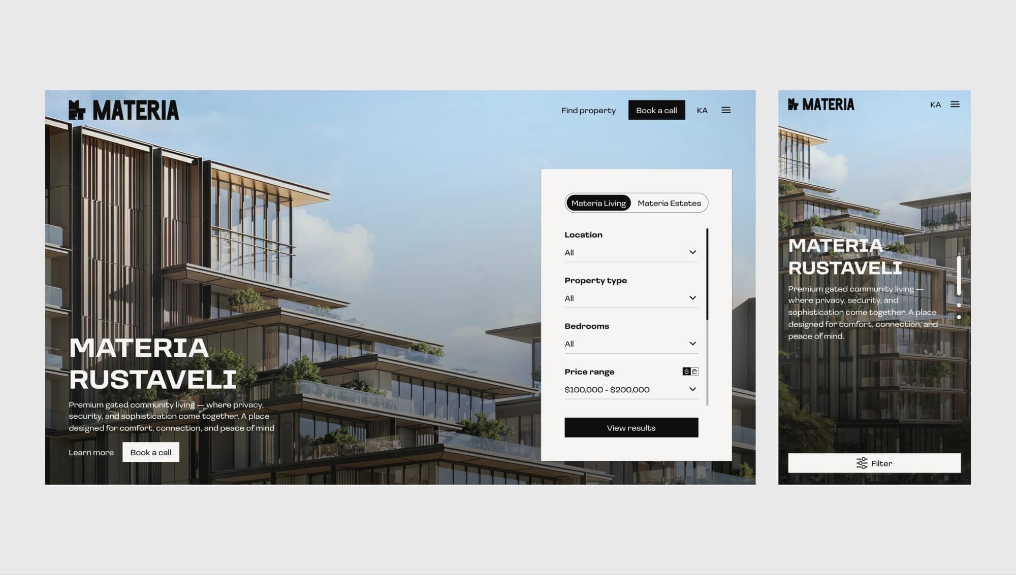 Materia Rustaveli project hero with the Find property filter panel open