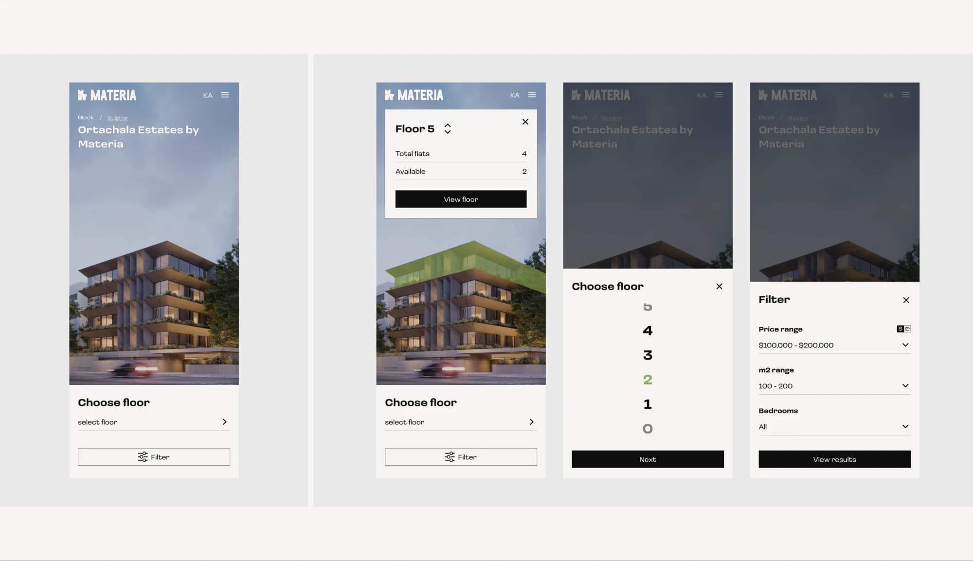 Mobile floor-selection flow — choose floor, floor availability, floor picker and filter sheet