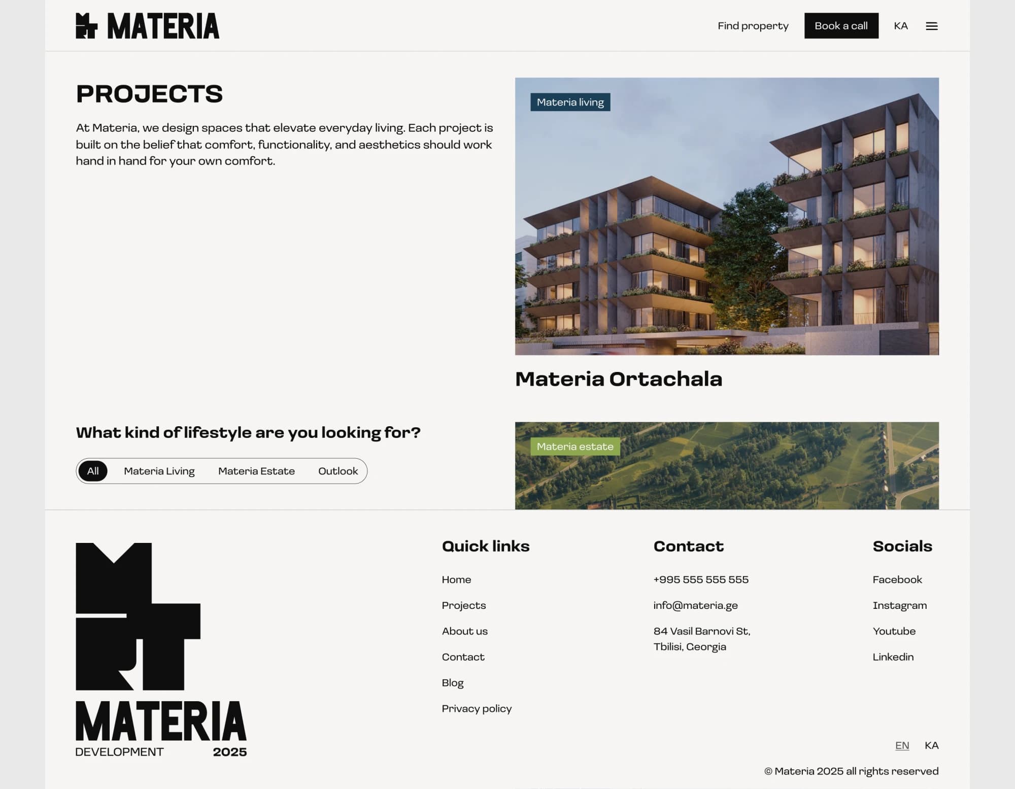 Projects listing across Materia Living and Materia Estates